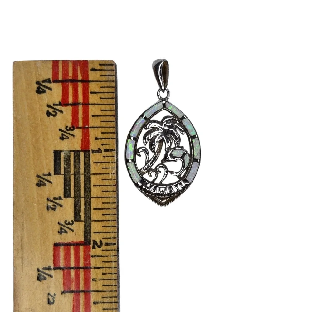 Hawaii Pendant Sterling Silver Lab Opal Blue White Tropical Palm Dolphin Hawaii